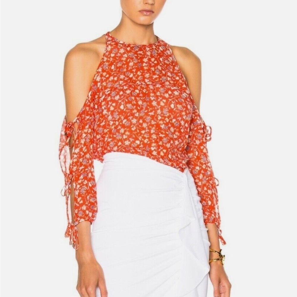 Veronica Beard- Red Floral Flynn Bow Longsleeve Cutout Silk Blouse Top